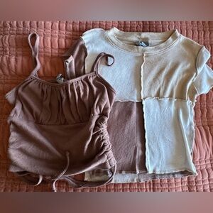 Women's S Cream and Brown Patchwork Top & Brown Tank Top M